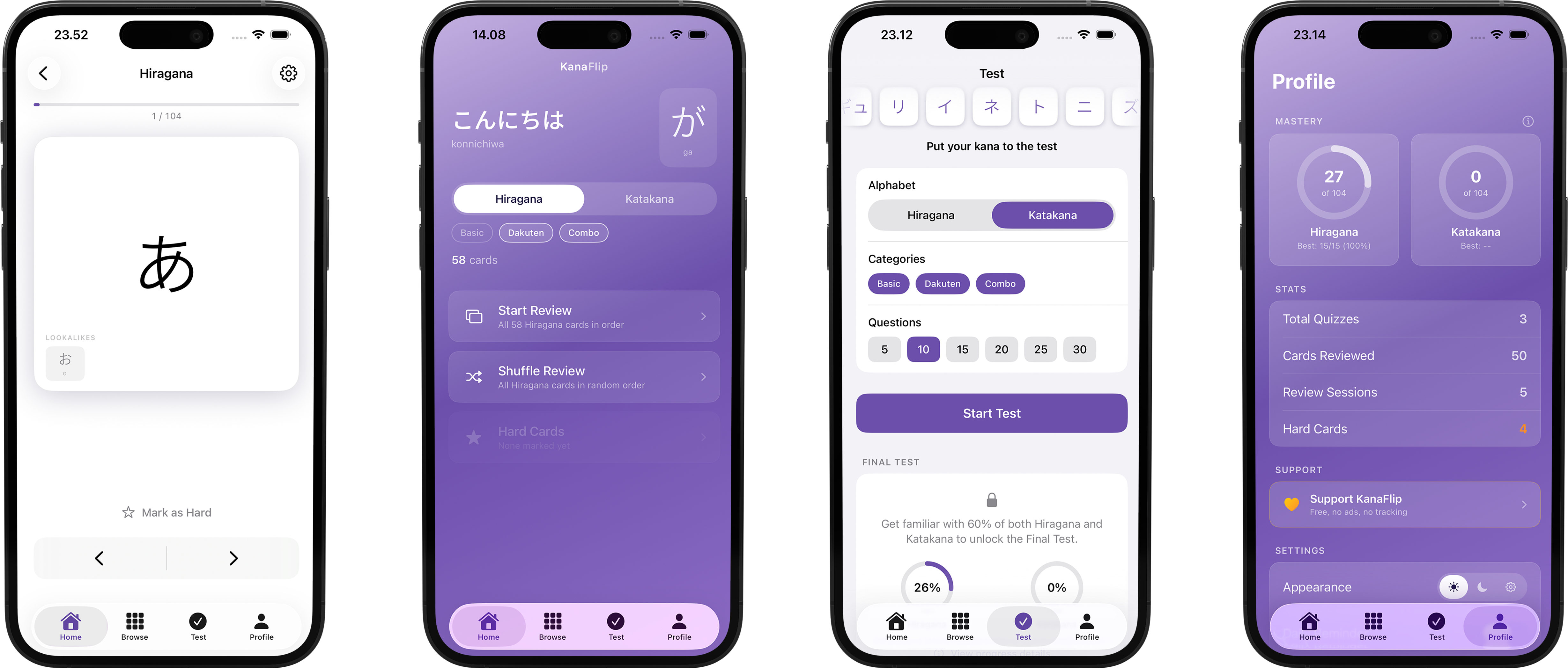 KanaFlip: Hiragana flashcard, Home, Test, and Profile screens